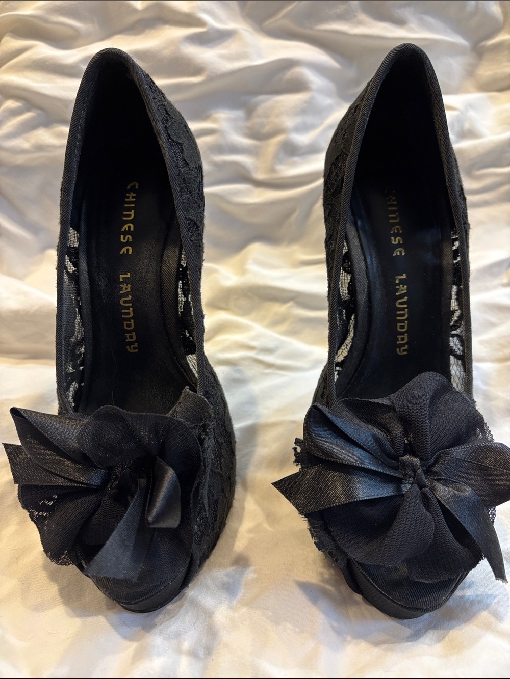 Chinese Laundry Black Lace Peep-Toe Heels with Floral Bow